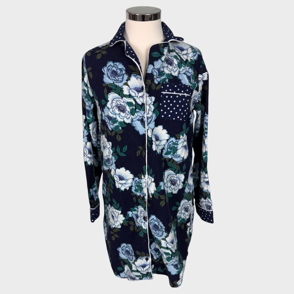 Liz Claiborne XS 100% Cotton Button Front Flannel Blue Floral Nightshirt